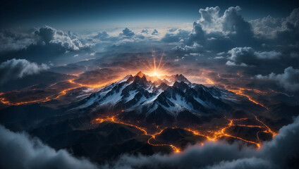 Fototapeta premium Majestic volcanic landscape under dramatic skies with glowing lava rivers during a breathtaking sunrise