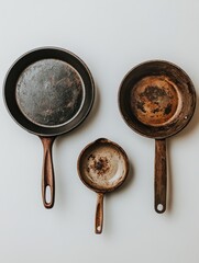 A collection of three rustic frying pans in varying sizes, showcasing wear and use.