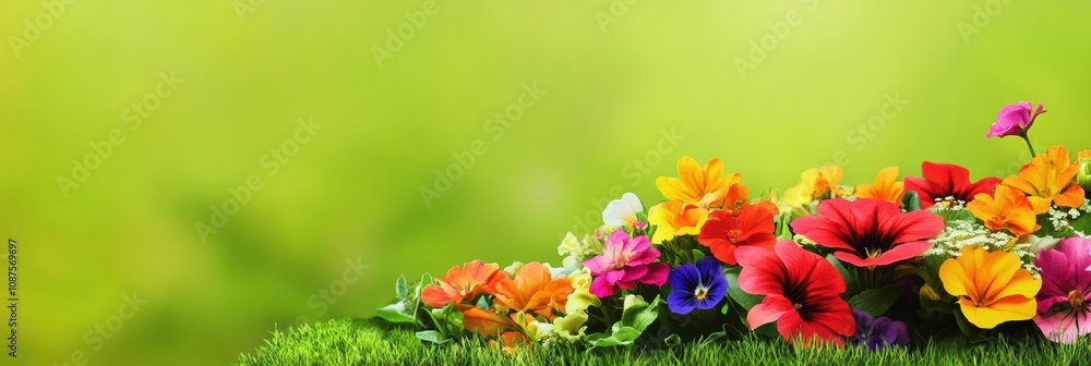 Poster A vibrant array of colorful flowers fills a lush green meadow, creating a lively and cheerful atmosphere in the warm daylight. Generative AI