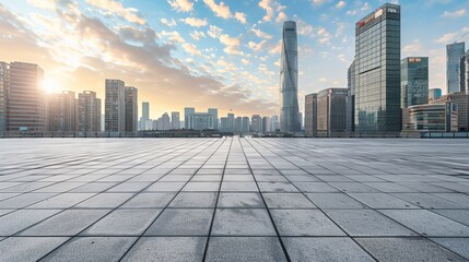 Empty square floor with city skyline background, Vibrant urban square showcasing architectural diversity, aerial view