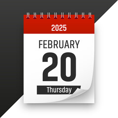 Date 20 February 2025 year realistic calendar day page design