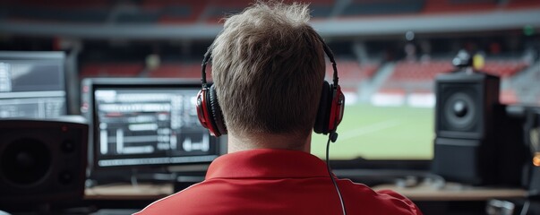 A focused individual in a red shirt wearing headphones, working at a computer in a sports stadium setting.