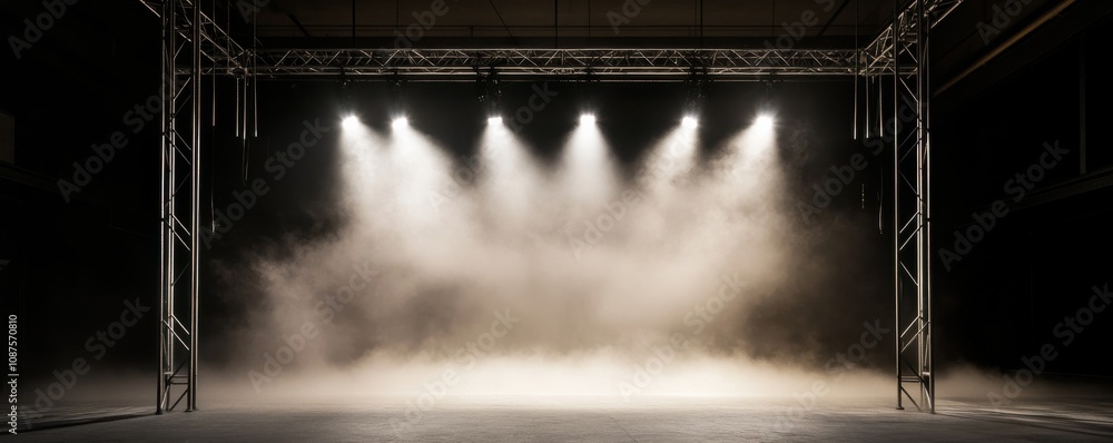 Poster a dimly lit stage with fog and spotlight beams, creating an atmospheric setting for performances or 