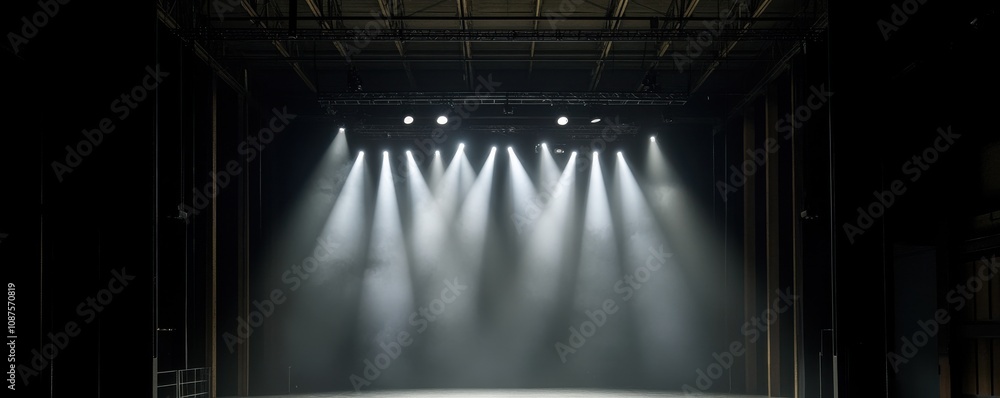 Poster a dimly lit stage with multiple spotlights illuminating the empty space, creating a dramatic atmosph