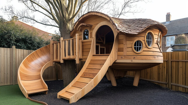 Wooden treehouse with slide and round windows in backyard. Creative outdoor playhouse design. Childhood fun and recreation concept for articles, blogs, and advertising. 