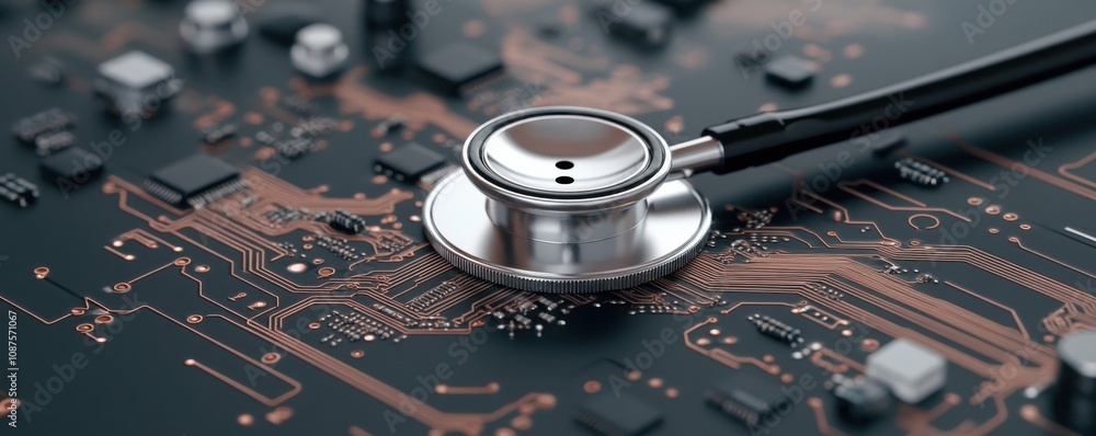 Poster a stethoscope rests on a circuit board, symbolizing the intersection of healthcare and technology in