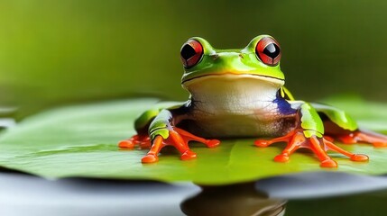Vibrant Green Tree Frog Resting on a Leaf with Glimmering Eyes and Colorful Limbs in a Serene Aquatic Environment Surrounded by Soft Natural Light