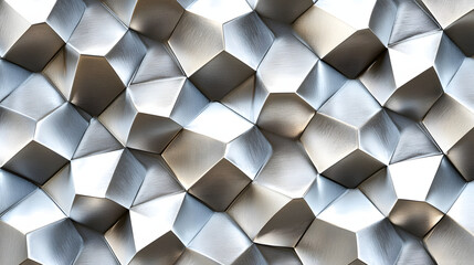 pattern of 3D metallic hexagons with a brushed steel finish, arranged symmetrically on a seamless