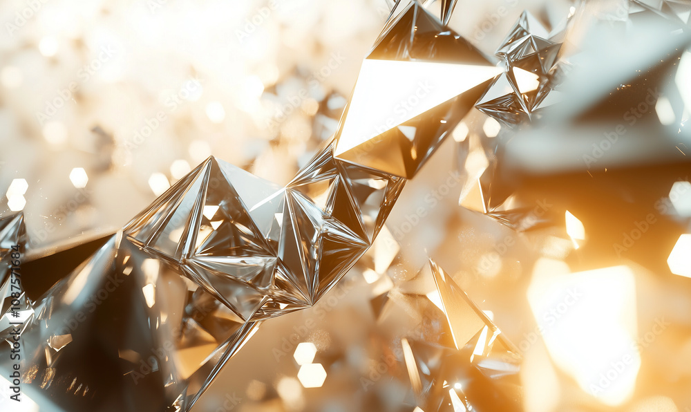 Poster a close-up of sparkling, geometric shapes reflecting light, creating a dazzling and abstract visual 