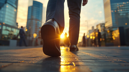 A businessman walks confidently towards the sunset in an urban setting.