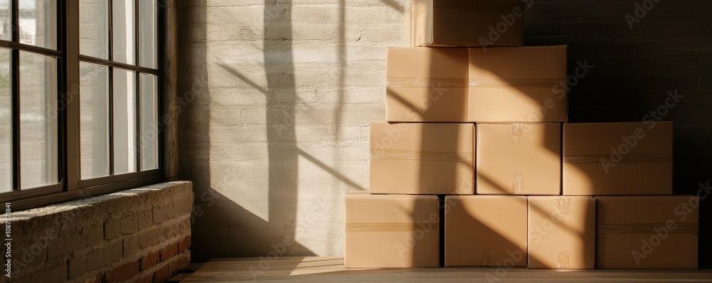 Poster a serene scene featuring stacked cardboard boxes illuminated by natural light filtering through larg