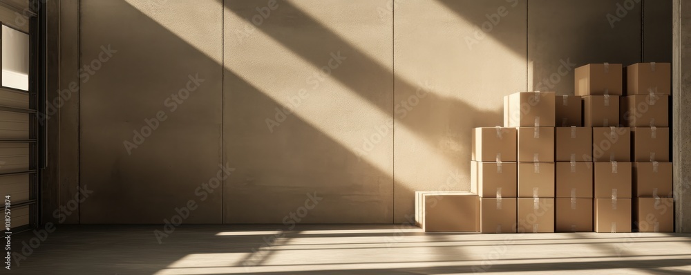 Poster a minimalistic interior showcasing stacked boxes in a well-lit space, emphasizing shadows and textur