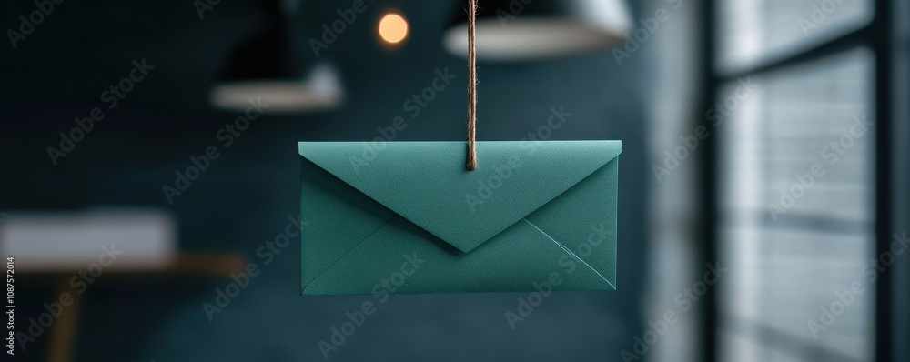 Poster a green envelope hangs from a string in a dimly lit room, creating a serene and minimalist aesthetic