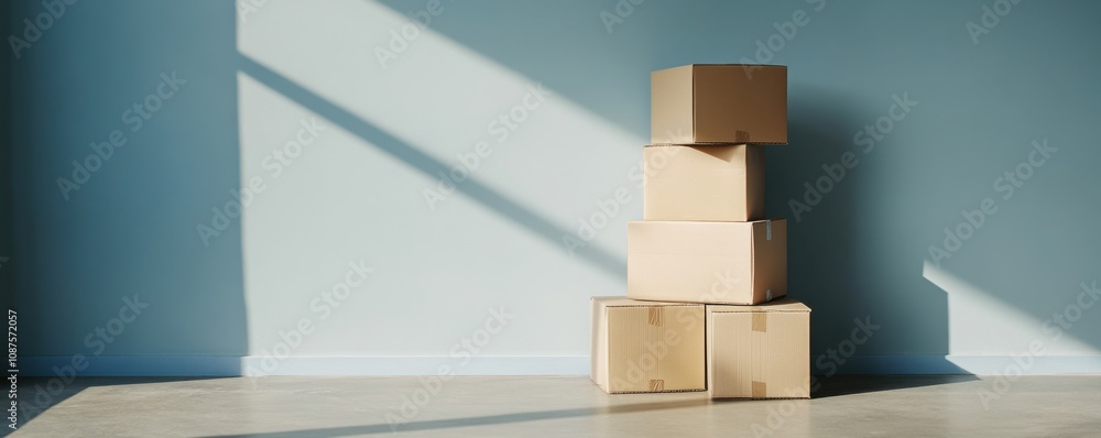 Aufkleber a stack of cardboard boxes is positioned in a minimalist room with soft lighting, casting a shadow o
