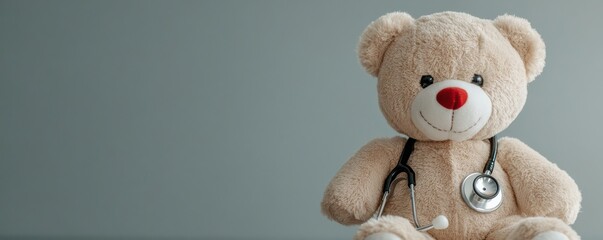 Obraz premium A cute teddy bear wearing a stethoscope, symbolizing healthcare and comfort for children in medical settings.