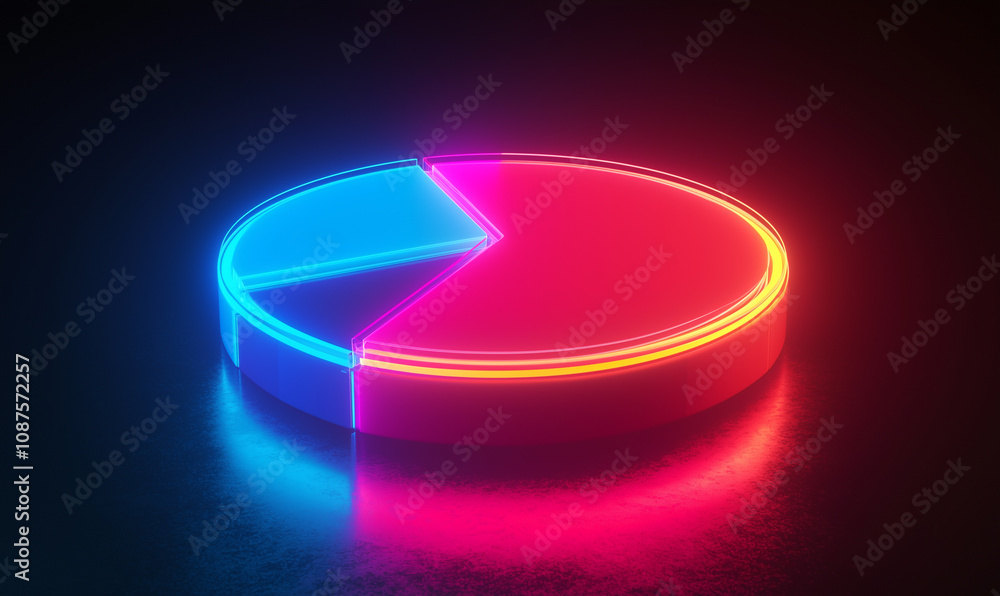 Poster a vibrant, illuminated pie chart split into blue and red sections, set against a dark background, sh