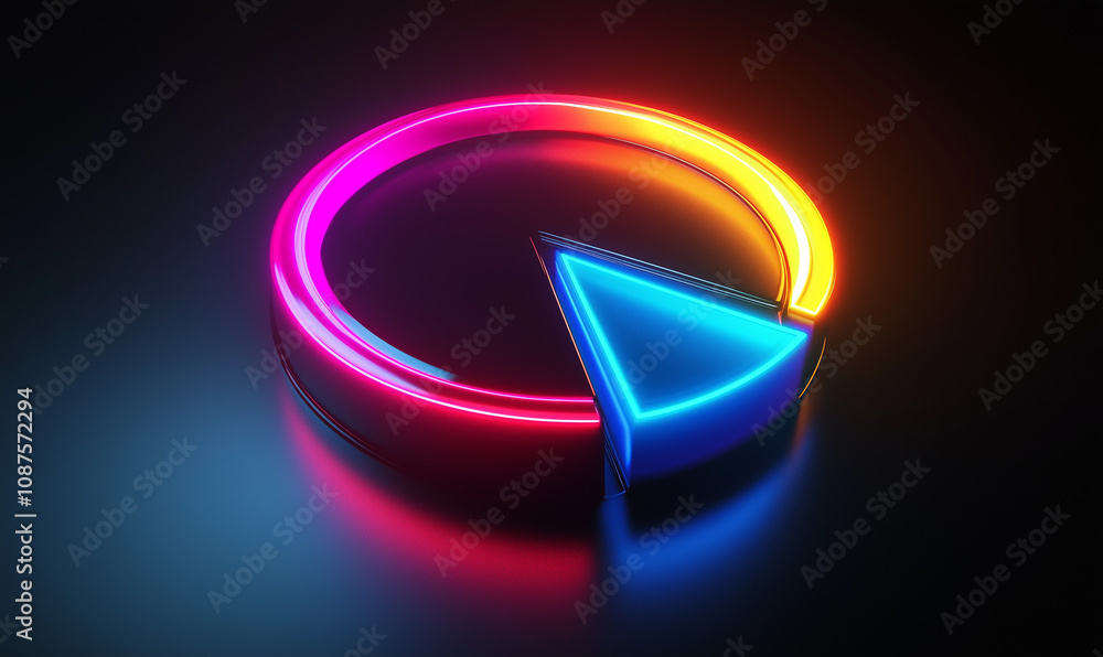 Poster a vibrant, neon-colored circular design features a triangular element, glowing in blue and surrounde