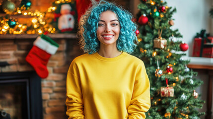 Smiling woman with blue curly hair in yellow sweatshirt near Christmas tree and gifts