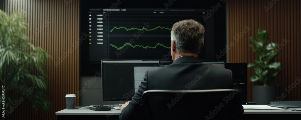 Poster a professional looking at data analytics on a large monitor in a modern office environment, surround