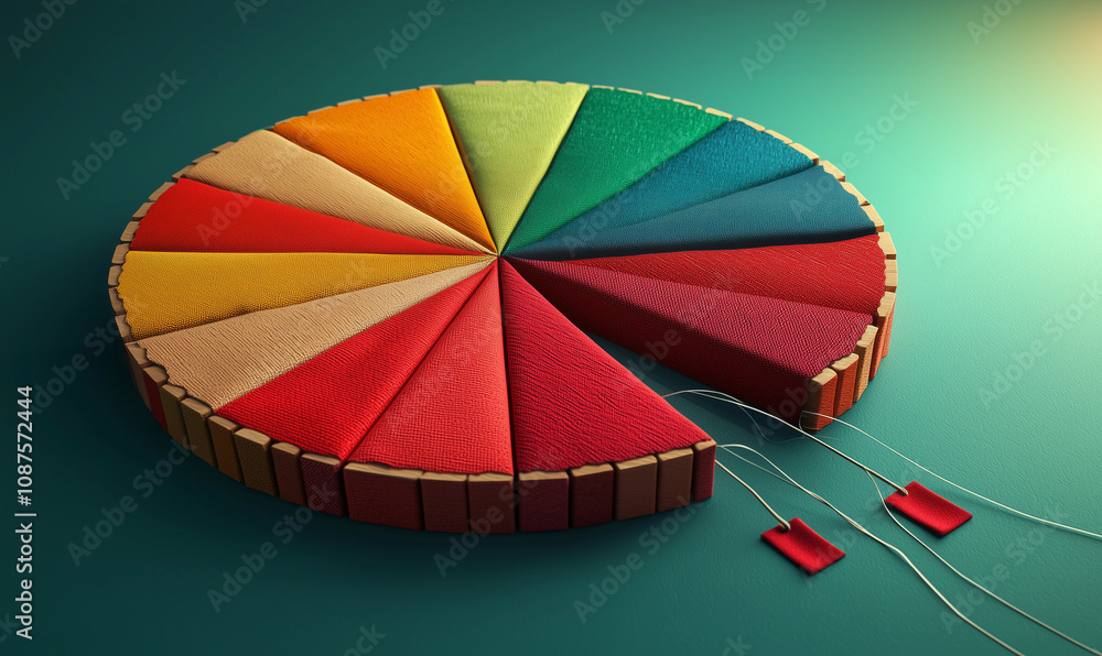 Poster a colorful pie chart made from textured materials, with a section cut out, symbolizing data represen