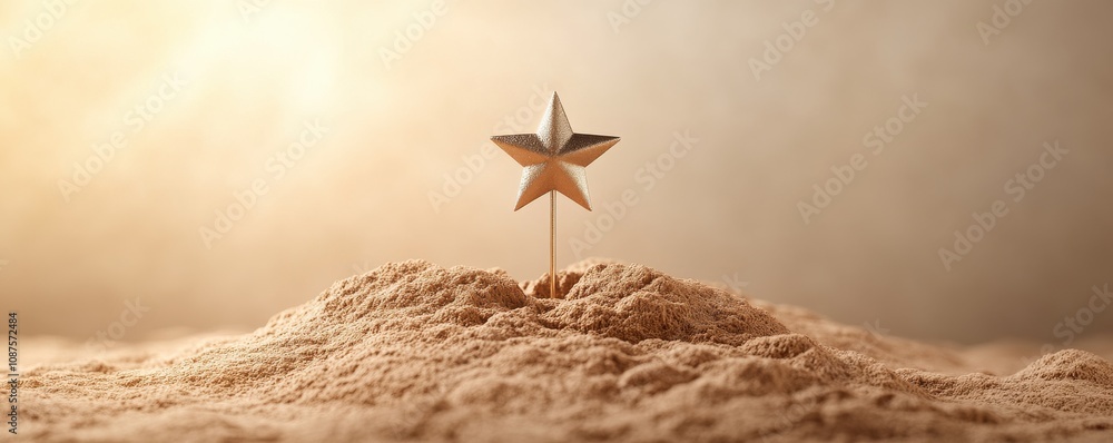 Aufkleber a star-shaped object stands out prominently on a sandy surface, illuminated by soft light, creating 