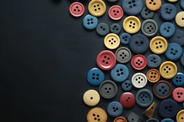 Fototapeta premium Colorful Buttons Background - Assorted colorful buttons on dark background, craft, sewing, texture, hobby