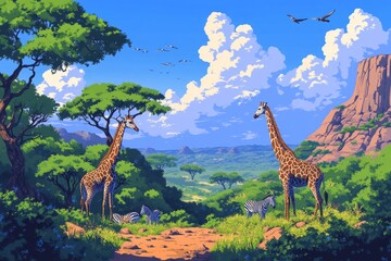 Obraz premium A vibrant African landscape where giraffes and zebras roam freely across the open savanna, showcasing the beauty of wild Africa