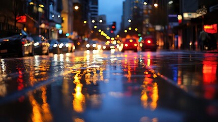 Fototapeta premium A bustling city street at night, with the glow of streetlights reflected on wet pavement, capturing movement and stillness in the same frame