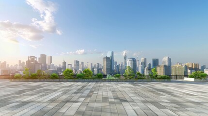 Empty square floor with city skyline background, Modern city plaza adorned with sleek architecture, symmetrical layout
