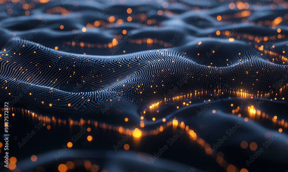 Poster a mesmerizing digital landscape featuring undulating waves of dark material illuminated by scattered