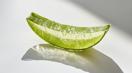 Aloe vera slice with translucent gel, placed on a clean surface, showcasing the vibrant green skin and medicinal gel within.