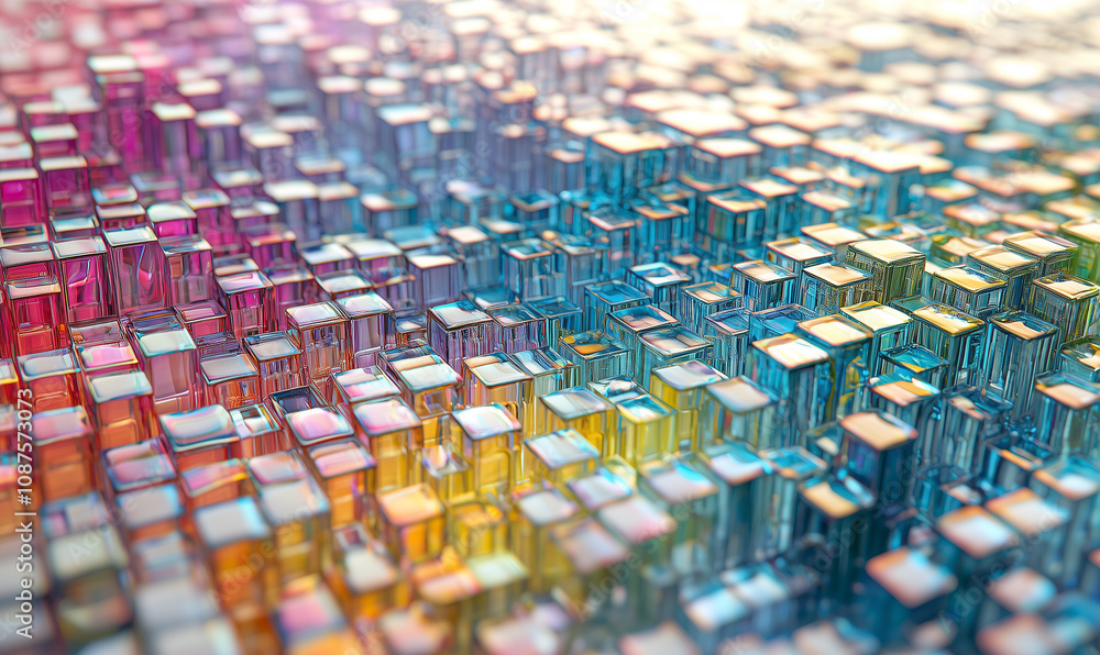 Poster a vibrant, abstract arrangement of colorful cubes, creating a visually striking texture and reflecti