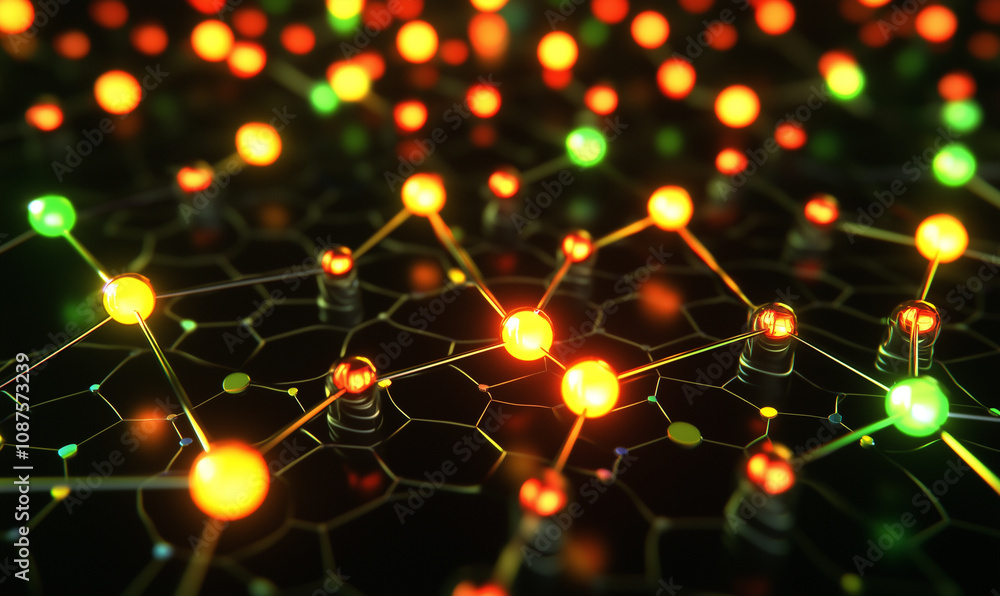 Poster a vibrant, abstract representation of interconnected nodes and networks, showcasing colorful lights 