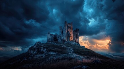 Obraz premium An ancient castle on a hill under a night sky filled with storm clouds, adding an eerie, historical atmosphere to the landscape.