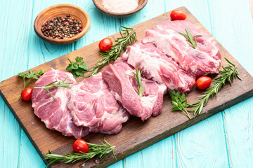 Neck of raw pork meat . Top view