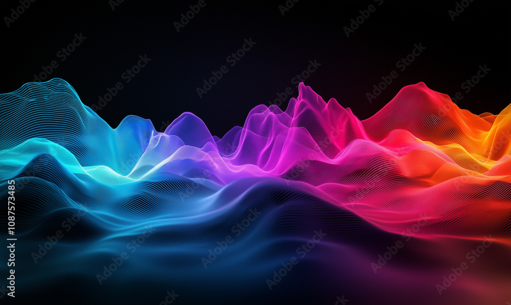 Poster a vibrant, abstract representation of sound waves, featuring colorful gradients and smooth curves ag