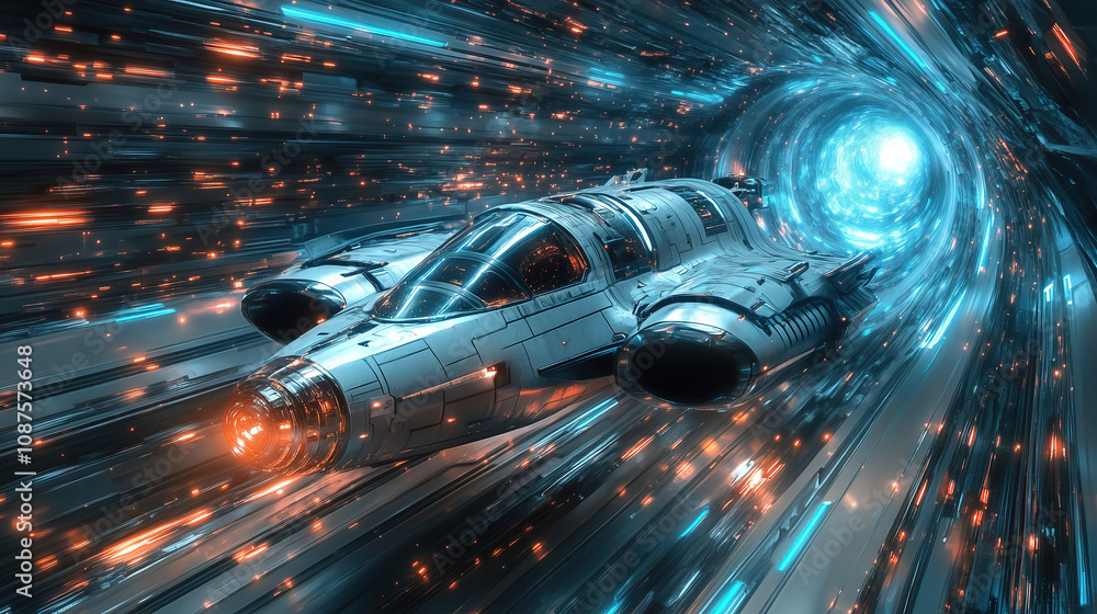 Poster a futuristic spaceship traveling through a glowing wormhole filled with bright lights and vibrant co