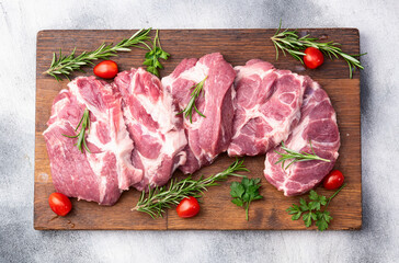 Neck of raw pork meat . Top view