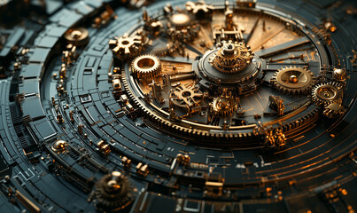 Fototapeta premium A detailed, intricate close-up of a mechanical clockwork design featuring gears and a sophisticated, layered structure in dark and gold tones.