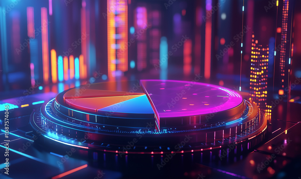 Poster a vibrant, digital pie chart surrounded by colorful data visualizations in a futuristic setting.
