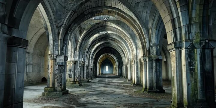 Cryptic labyrinth of archways in an abandoned abbey, 4K Video