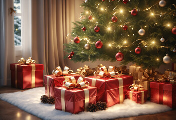 Red Christmas tree with presents under it