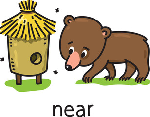 Preposition of place. Bear near the beehive