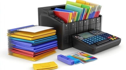 Office Supplies:  A 3D Render of Folders, a Cash Register, and a Printer