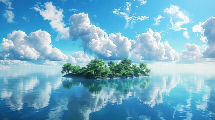 Tranquil Island Amidst Reflective Waters Under Blue Sky