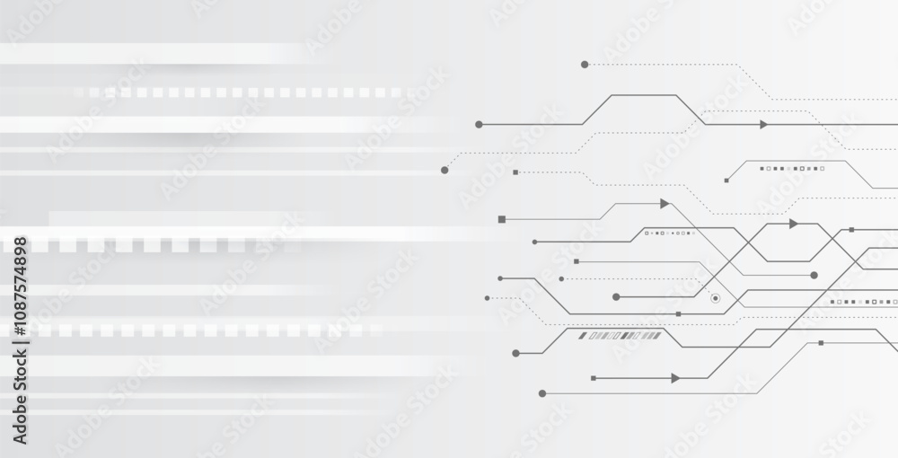 Poster Vector illustration of circuit board and lines. Abstract futuristic communication. Hi-tech grey background with various technology elements.