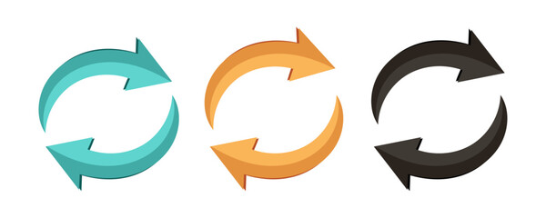 Circular arrows set in teal, gold, and black color on white background. Vector exchange arrows. For banners, logos, emblems.