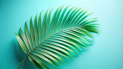 Fototapeta premium A single palm frond with green leaves on a turquoise background, showcasing the intricate details of nature's design