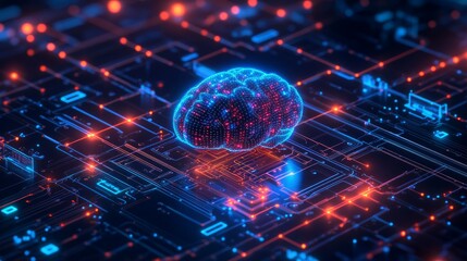 Fototapeta premium 3D rendering of a human brain on a circuit board, representing AI and neural networks.