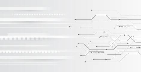Vector illustration of circuit board and lines. Abstract futuristic communication. Hi-tech grey background with various technology elements.